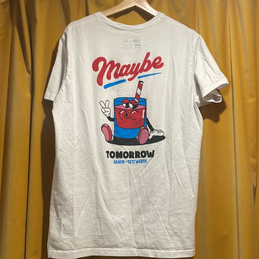 Yeye Weller x Grafik Maybe Tomorrow graphic tee t-shirt with cute drink and cat